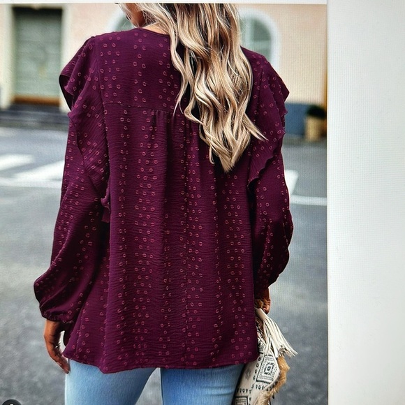 Burgundy Ruffle Long Sleeve Blouse – Textured Dot Detail, Feminine Fall Top - Picture 2 of 3